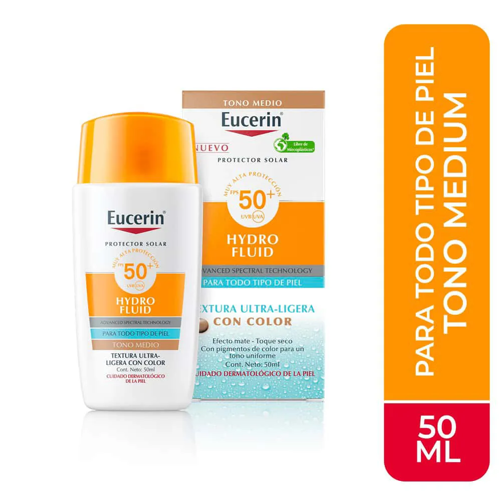Protector Solar Facial Eucerin Hydro-Fluid Tono Medium FPS 50+ FRASCO 50 ML | Mejor precio en Perú desde S/80.40